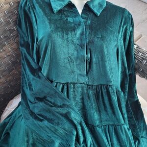 Teal Velvet Long Sleeve Midi Dress